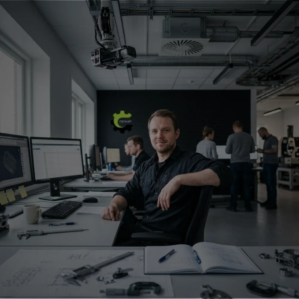 Blick in die MMHP-Konstruktion: ein Mitarbeiter am Arbeitsplatz, im Hintergrund das Team und CAD-Bildschirme