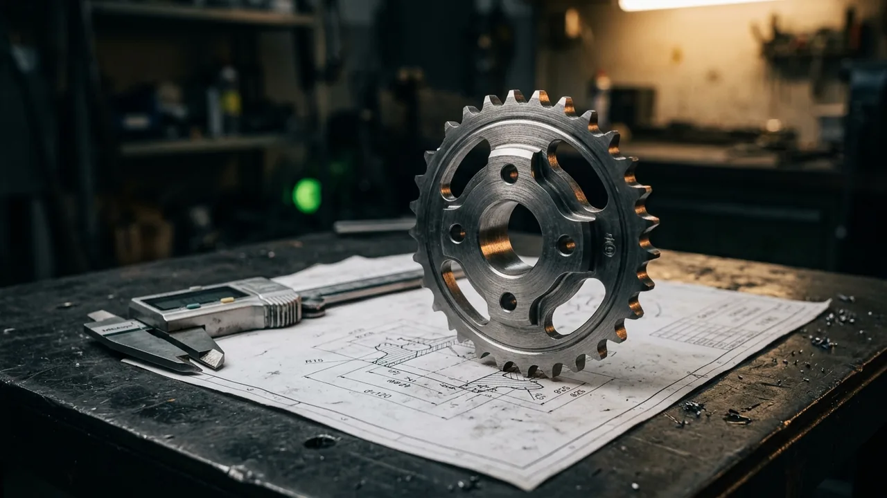 Technical still life: sprocket wheel on a construction drawing, with a caliper beside it