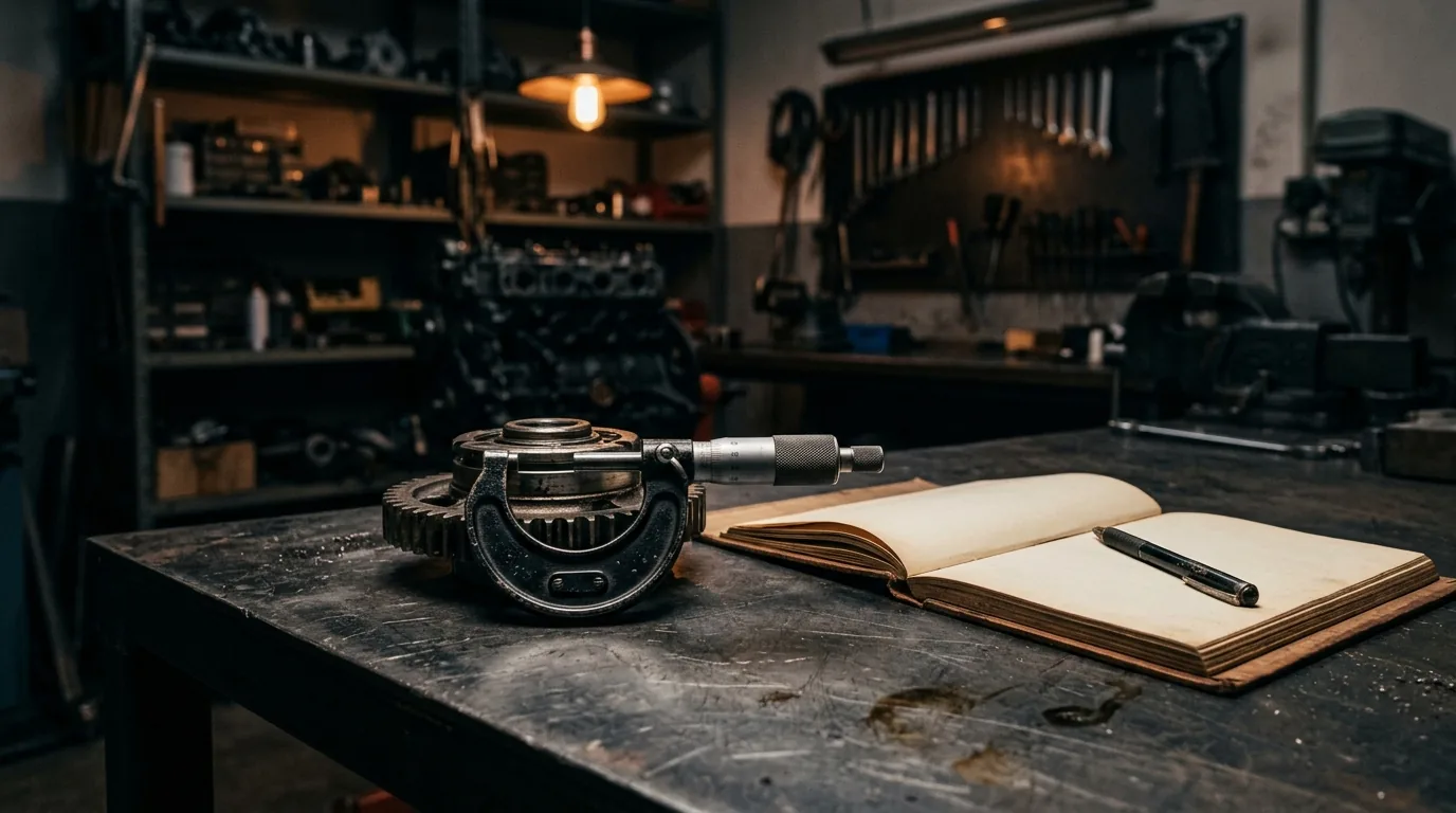 Workbench detail with measuring tools and an engine component