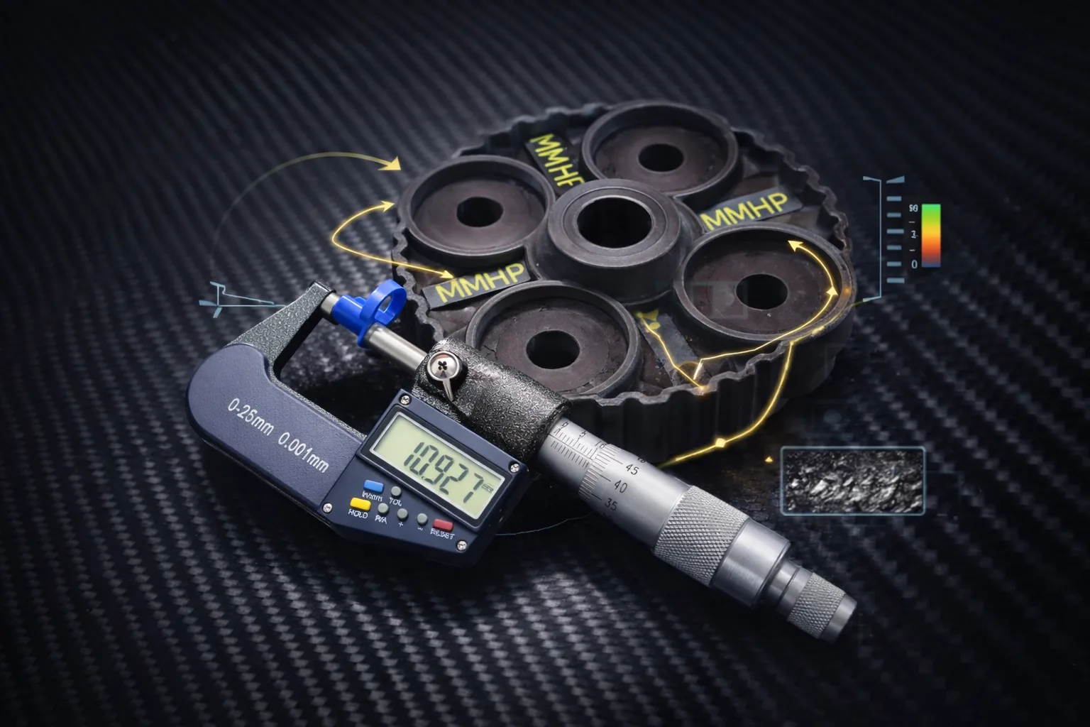 Sealing rings and calipers on a dark background