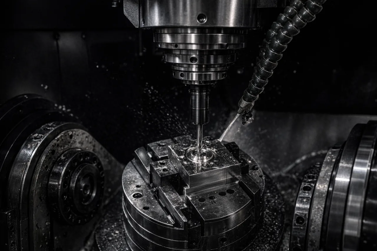 5-axis CNC milling head over a precision part