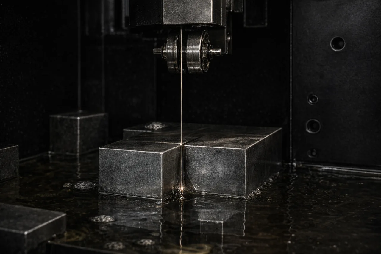 Wire EDM: taut wire in the cutting gap of a steel block