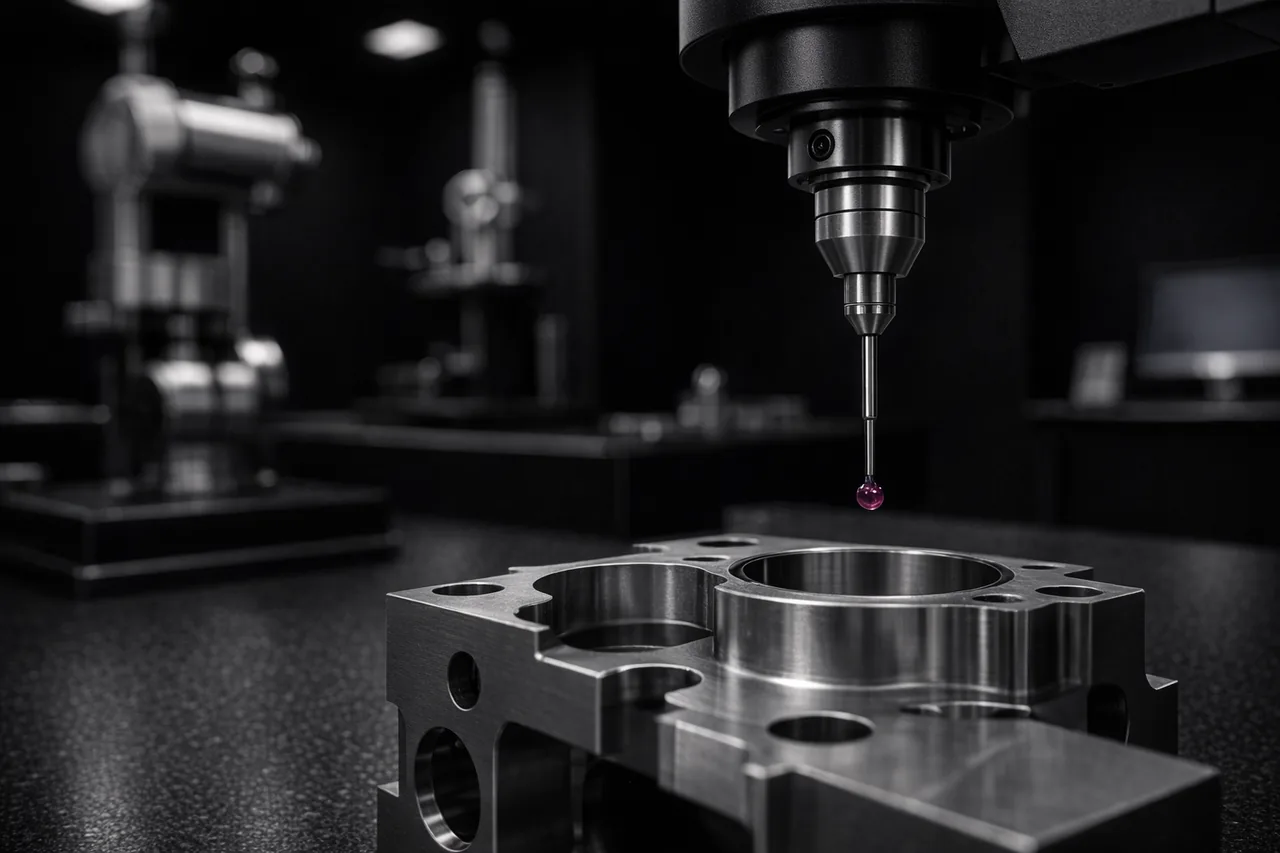 3D probe of a coordinate measuring machine over a precision part