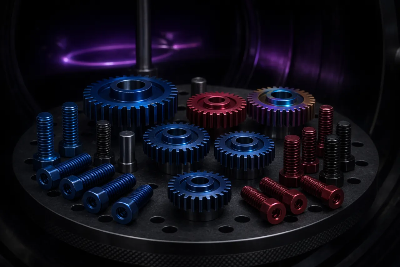 Matte PVD-coated gears and bolts in the vacuum chamber